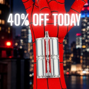 May include: A red and black fabric glove with a web pattern and a silver metallic wrist-mounted device featuring four cylindrical components. The text 40% OFF TODAY is displayed in white letters across the upper portion of the image.