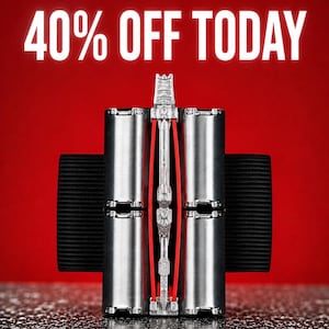 May include: A silver-toned wrist-mounted accessory featuring four cylindrical metal components and a central vertical decorative element with red accents, secured by a black elastic band, with the text 40% OFF TODAY displayed above.