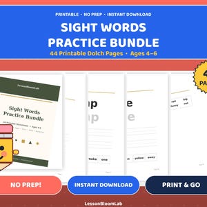 Sight Words Worksheets | 44 Printable Dolch Practice Pages, Read Trace Write, Sentence Activities, Kindergarten PDF