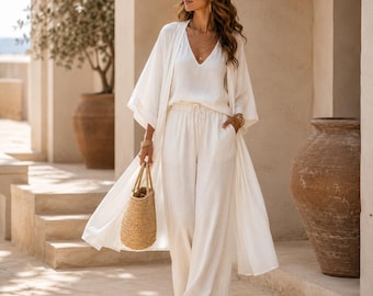 3-częściowy komplet z bawełny i lnu dla kobiet, strój w stylu boho resort, kardigan kimono i spodnie z szerokimi nogawkami, lekki strój do letniego wypoczynku