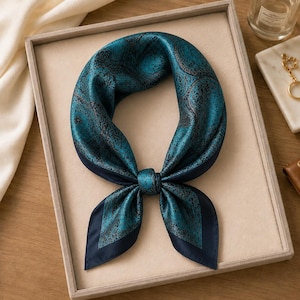 Mulberry Silk Scarf, Vintage Paisley Print in Teal Blue & Navy, 70cm Square