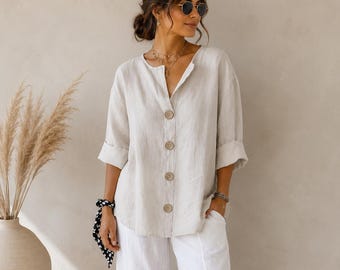 Blusa de lino con cuello en V para mujer, camisa holgada de algodón y lino, top de verano con botones, blusa informal estilo boho para la oficina, camisa ligera para vacaciones.