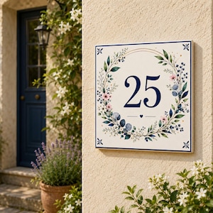 May include: A square house number plaque featuring the number 25 in dark blue serif font. The design includes a circular wreath of green leaves, blue berries, and small pink flowers, with a tiny heart icon below the number and blue corner accents.