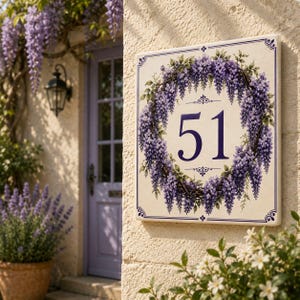 Puede incluir: Una placa de cerámica cuadrada para número de casa que muestra el número 51 en una fuente serif azul oscuro. La placa está decorada con una corona circular de flores de glicinia moradas y hojas verdes, enmarcada por un borde azul oscuro.