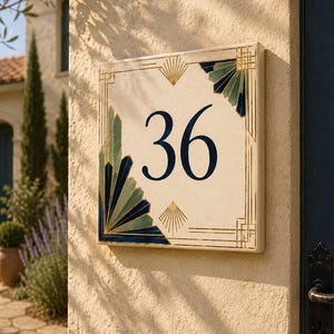 Könnte beinhalten: Ein quadratisches Hausnummernschild mit der Zahl 36 in Dunkelblau. Der cremefarbene Hintergrund ist von goldenen geometrischen Linien und dekorativen fächerförmigen Eckakzenten in Blaugrün, Dunkelblau und Goldmetallic-Details umrahmt.