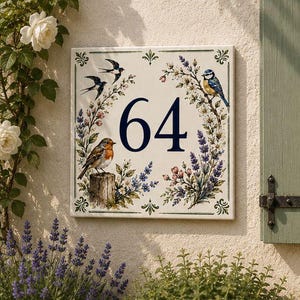 Könnte beinhalten: Ein quadratisches Hausnummernschild aus Keramik mit der Zahl 64 in dunkelblauer Serifenschrift. Das Design zeigt handgemalte Illustrationen eines Rotkehlchens, einer Blaumeise und Schwalben zwischen blühenden Zweigen und Lavendelzweigen.