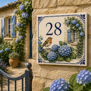 Könnte beinhalten: Ein quadratisches Hausnummernschild aus Keramik mit der Zahl 28 in dunkelblauer Schrift. Das Design zeigt eine detaillierte Illustration eines Rotkehlchens auf einem Steinsims, umgeben von blauen Hortensienblüten und einem Fensterrahmen.