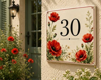 Könnte beinhalten: Ein quadratisches Hausnummernschild aus Keramik mit der Zahl 30 in schwarzer Serifenschrift, verziert mit handgemalten roten Mohnblumen, grünen Stielen und Knospen auf cremefarbenem Hintergrund mit einem dünnen roten Rand.