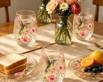 Verre floral bohème colibri, gobelet inspiré de la nature rétro, accent artistique déco