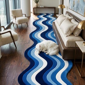 Blue Wave Runner Rug Navy Sky White Wavy Stripe Hallway Carpet Boho Modern