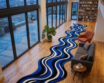 Blue Black White Wavy Swirl Runner Rug Modern Retro Wool Area Rug