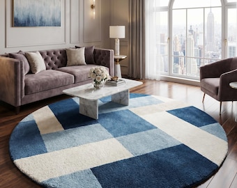 Round Patchwork Rug Navy Blue Cream Geometric Colorblock Area Rug Living Room Bedroom Decor