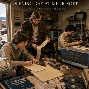 May include: A vintage photograph titled OPENING DAY AT MICROSOFT, Albuquerque, New Mexico, April 4, 1975. Three individuals work in an office with an Altair 8800 computer, a teletype machine, technical manuals, floppy disks, and an Albuquerque City Directory.