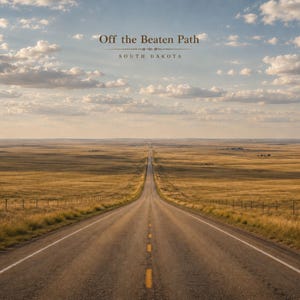 May include: A long, straight asphalt road stretches through a vast, golden-brown prairie landscape under a wide, cloudy sky. The text 'Off the Beaten Path' and 'SOUTH DAKOTA' is centered at the top of the image above the horizon line.
