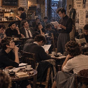 May include: A vintage-style scene titled The Beat Generation Greenwich Village New York City 1958, depicting a dimly lit cafe filled with people reading, smoking, and listening to a person standing and reciting poetry from a paper document.