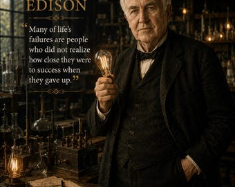 Lámina decorativa de Thomas Edison para imprimir y descargar / Lámina con cita inspiradora del inventor / Decoración inspirada en la innovación estadounidense / Arte para oficinas y bibliotecas