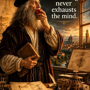 May include: A portrait of Leonardo da Vinci wearing a dark cap and robe, holding a book and an apple. The text reads: LEONARDO DA VINCI Learning never exhausts the mind. The scene includes sketches of the Vitruvian Man, a flying machine, and a view of Florence.