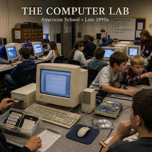 Könnte beinhalten: Ein Computerraum mit beigen Röhrenmonitoren, Tastaturen und Mäusen auf grauen Tischen. Schüler arbeiten an Computern, mit Disketten und einem Math Master Buch. Text: THE COMPUTER LAB American School Late 1990s und Computer Lab Rules.