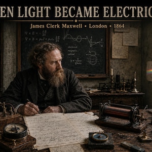 May include: A bearded man sits at a wooden desk writing on paper, surrounded by scientific instruments, a glass prism, and a chalkboard with equations. The text reads: WHEN LIGHT BECAME ELECTRICITY, James Clerk Maxwell, London, 1864.
