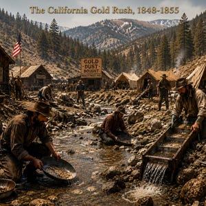 Op de afbeelding: Een historische scène van de California Gold Rush, 1848-1855, met personen die in een rotsachtige beek naar goud zoeken. Houten gebouwen met de tekst Miners Supply & Assay Office en Gold Dust Bought staan bij tenten, bergen en een Amerikaanse vlag.