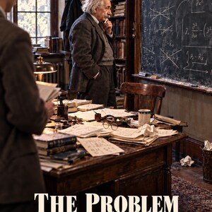 May include: A poster featuring a scene of Albert Einstein in a study with a chalkboard covered in physics equations, a wooden desk with papers, a pipe, and glasses. The text reads: THE PROBLEM, In the middle of difficulty lies opportunity., ATTRIBUTED TO ALBERT EINSTEIN.