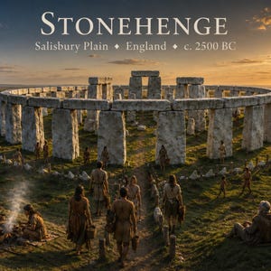 Peut inclure: Stonehenge, Salisbury Plain, Angleterre, c. 2500 av. J.-C. Un agencement circulaire de grands mégalithes gris verticaux avec des linteaux horizontaux. Des personnes en vêtements simples sont rassemblées autour de la structure au coucher du soleil.