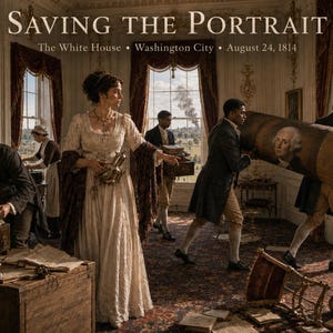 May include: A historical scene titled SAVING THE PORTRAIT, The White House, Washington City, August 24, 1814. People in period clothing are moving documents and a rolled canvas portrait of George Washington from a room with large windows.