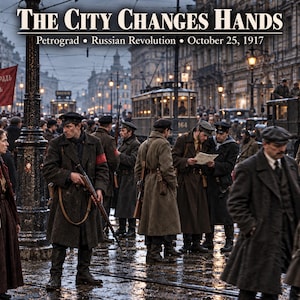 May include: A historical scene depicting the Russian Revolution in Petrograd on October 25, 1917. The image features a crowd in period clothing, soldiers with rifles, a red banner with Cyrillic text, and a streetcar on a wet, cobblestone city street.