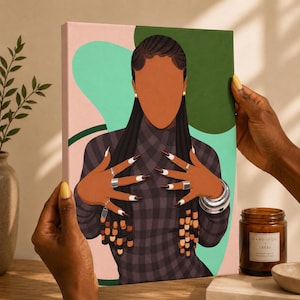May include: A rectangular canvas print featuring a faceless illustration of a person with long braided hair adorned with wooden beads. The person wears a dark gray plaid turtleneck and silver rings. The background consists of abstract green shapes.