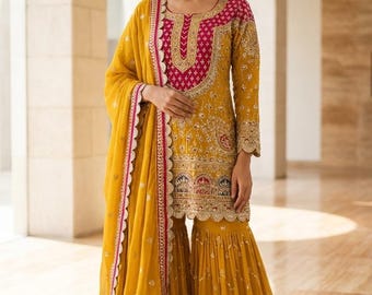 Yellow Georgette Embroidered Dhoti Salwar Suit — Fully Stitched