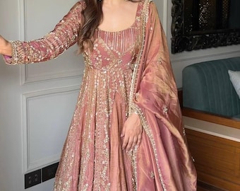 Peach Crunchy Silk Lace Embroidered Gown — Wedding & Party Wear