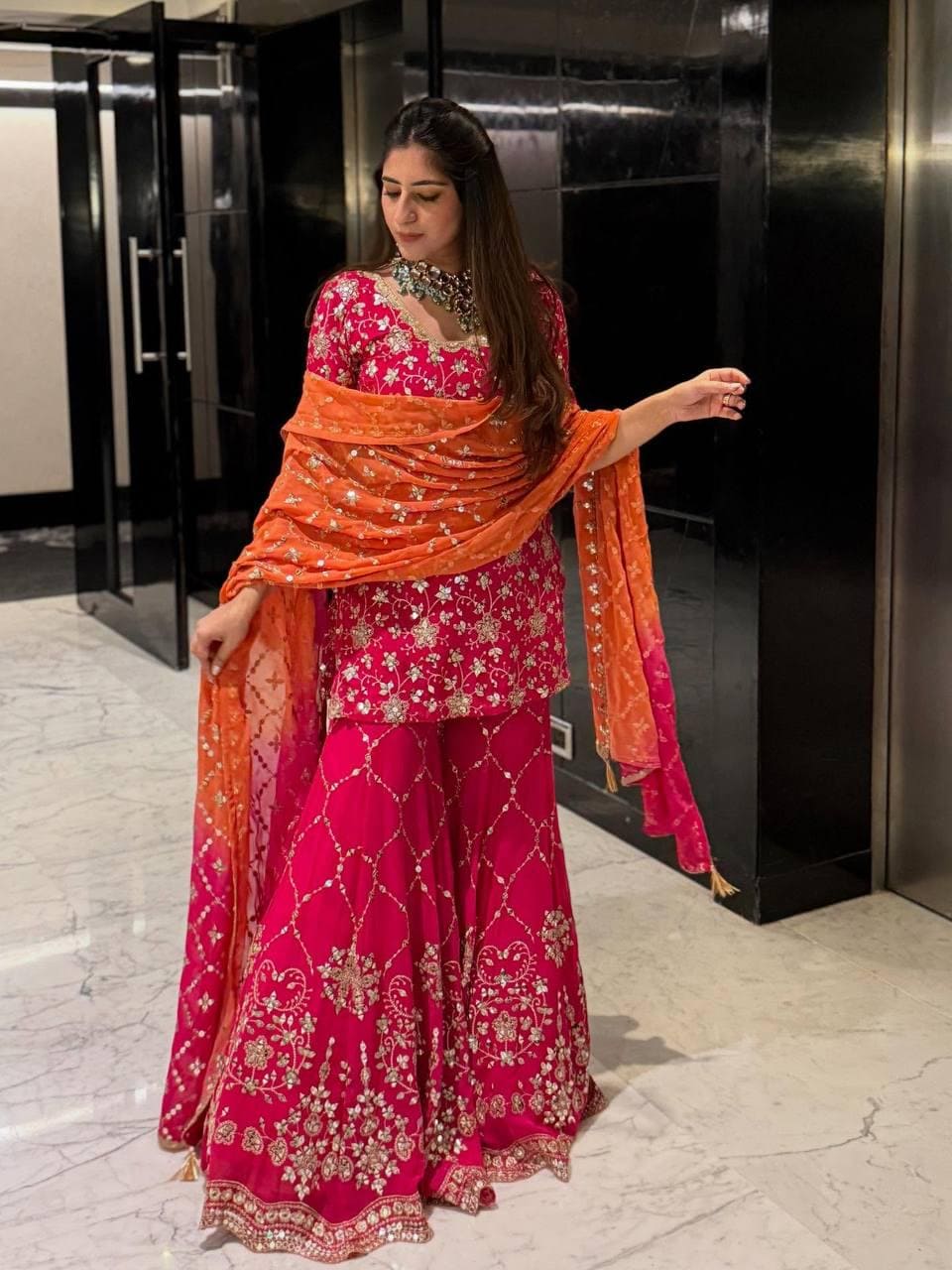 orange and pink indian dress Orange Embroidered Organza Angrakha Kameez: Pakistani Wedding, Dress Indian Suit