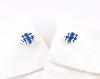 Delft blue porcelain hand painted silver plated round cufflinks 2.0 "Tijl" - contemporary, minimal, modern design