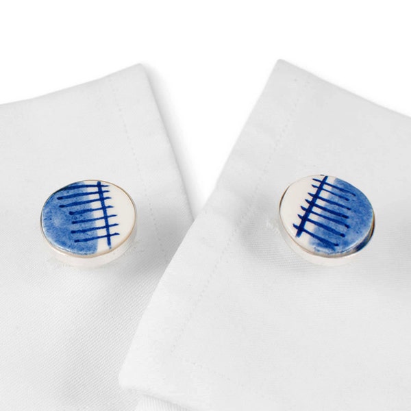 Delft blue porcelain hand painted silver plated round cufflinks "Koen" - contemporary, minimal, modern design