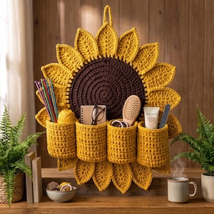Pode incluir: Um organizador de parede em forma de girassol feito de fio de crochê amarelo e castanho. Apresenta um grande centro castanho escuro e pétalas amarelas, com quatro bolsos cilíndricos contendo agulhas de tricot, um caderno, óculos, uma escova e creme.
