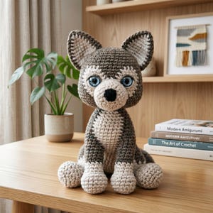 May include: A handcrafted crochet stuffed animal resembling a husky dog with dark gray and cream yarn, featuring large bright blue eyes, a black nose, pointed ears, and a seated posture. The plush toy is constructed with visible yarn stitches.
