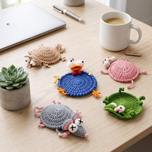 May include: A collection of five round, crocheted animal coasters featuring a tan turtle, a blue duck, a pink pig, a green frog, and a gray mouse. Each coaster is crafted with textured yarn and includes small, detailed facial features.