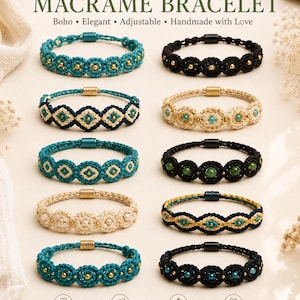 Patrón de pulsera de macramé Flor Turquesa / Joyería bohemia con cuentas (Descarga digital)