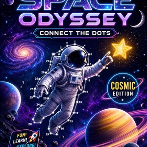 May include: A Space Odyssey Connect the Dots Cosmic Edition activity book cover featuring an astronaut floating in space reaching for a glowing yellow star. The background displays a purple galaxy, planets, and text: Fun! Learn! Explore! Connect. Discover. Journey through the stars!