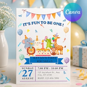 May include: A white birthday invitation card featuring colorful watercolor illustrations of a lion, elephant, cat, crocodile, monkey, and giraffe wearing party hats. Text reads: IT'S FUN TO BE ONE!, RAYAN'S FIRST BIRTHDAY, SUNDAY 27 AUGUST, 7:00 PM - 10:00 PM.