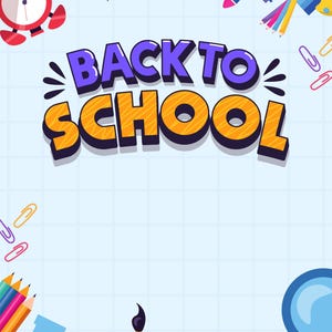 Può includere: Un'illustrazione grafica con il testo BACK TO SCHOOL in lettere stampatello viola e arancioni. Il bordo è decorato con materiale scolastico tra cui matite colorate, una sveglia rossa, un razzo, un pennello, una tavolozza e una mela.