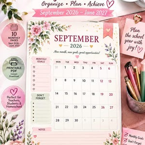 Può includere: Un'agenda scolastica mensile 2026-2027 con un design floreale di rose rosa e foglie verdi. La pagina del calendario di settembre 2026 include sezioni per obiettivi mensili, una lista "Don't Forget" e note, con il testo "New month, new goals, great opportunities!" stampato in alto.