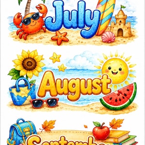 Può includere: Un'illustrazione digitale con tre sezioni orizzontali etichettate July, August e September. July mostra un granchio, una palma, una tavola da surf e un castello di sabbia. August mostra un girasole, sole, borsa da spiaggia e anguria. September include uno zaino, mela, libri e foglie.