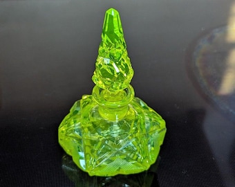Antique Art Deco Czech Uranium Vaseline Cut Glass Perfume Bottle 4.5" VTG