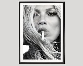 Kate Moss Poster, Schwarz Weiß Porträt Druck, Supermodel Fotografie Poster, Mode Wand Kunst Dekor