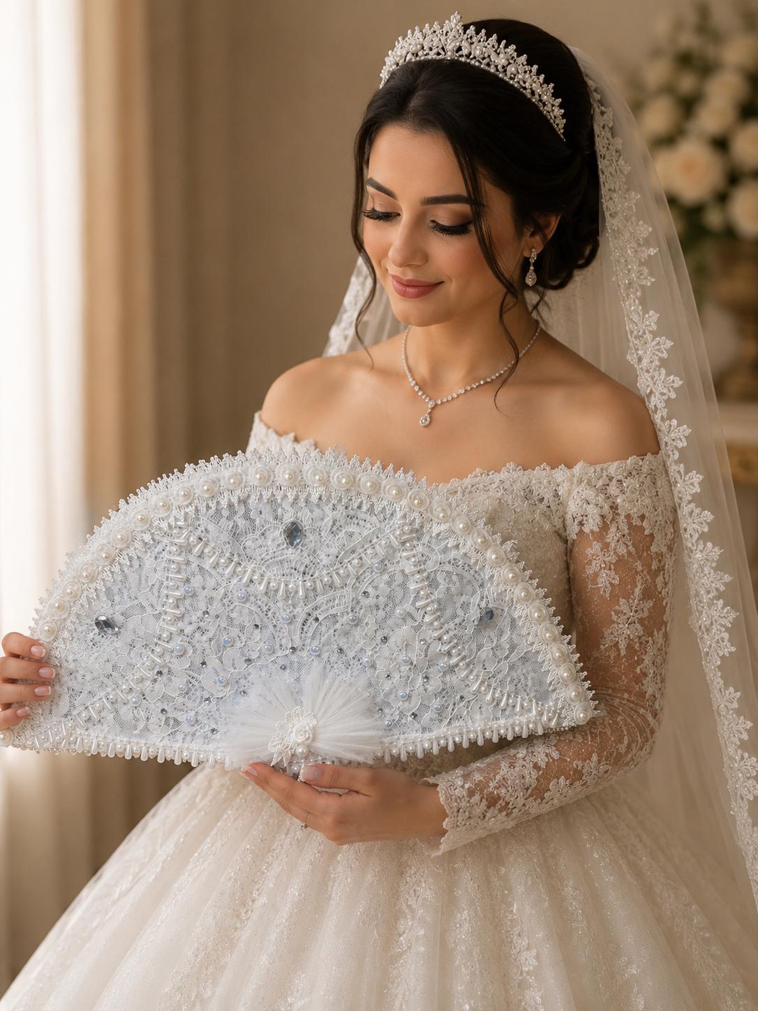 Handcrafted Lace Pearl Bridal Fan Elegant Wedding Accessory, Keepsake Gift