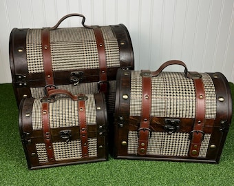 Set of 3 Nesting Decorative Trunks Houndstooth Leather Straps Ralph Lauren Style