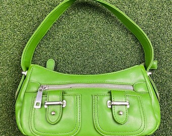 Y2K Lime Green Baguette Shoulder Bag Mini Cargo Pocket Purse 2000s Retro
