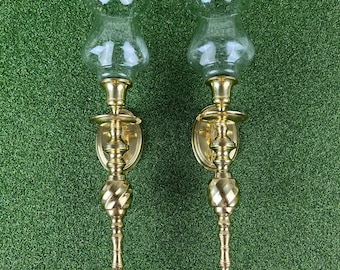 Vintage Brass Wall Sconces Pair Glass Hurricane Candle Holders MCM 16"