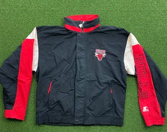 Vintage 90s Chicago Bulls Starter Jacket NBA Windbreaker Black Red Full Zip Sz M